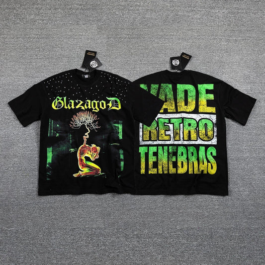 GLAZA GOD Men's Gothic Graphic Oversized T-Shirt – Green Print Streetwear Double-Sided Casual Tee
