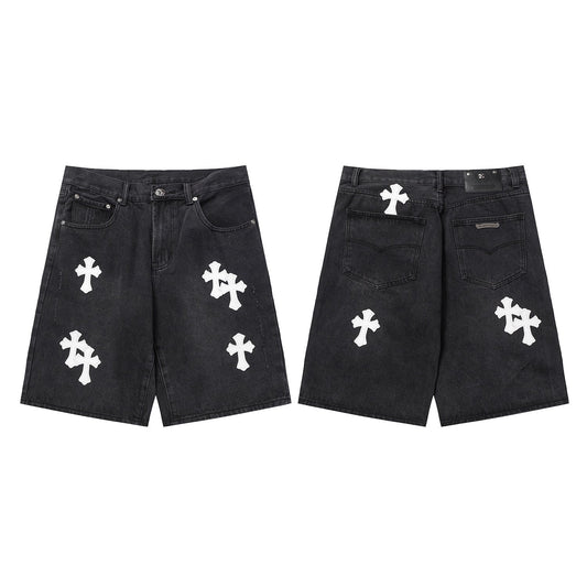 Chrome Hearts Black & White Cross Patch Denim Shorts