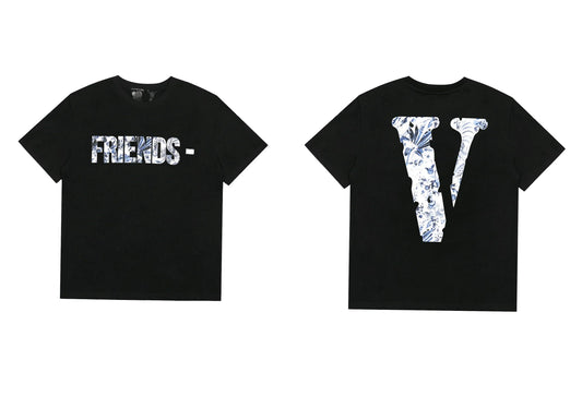 Vlone Abstract Floral "FRIENDS-" Graphic T-Shirt - Black