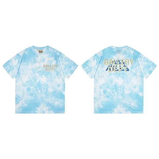 Gallery Dept. Marble Tie-Dye Gold Logo Short Sleeve T-Shirt - Light Blue