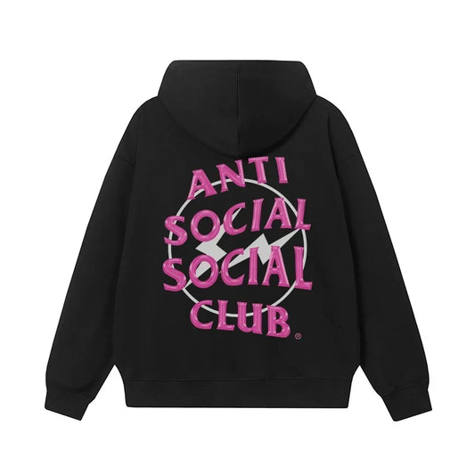Anti Social Social Club Pink Lightning Circle Logo Hoodie - Black